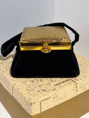 Unique Vintage Black Velvet Clutch with Gold Mesh Frame